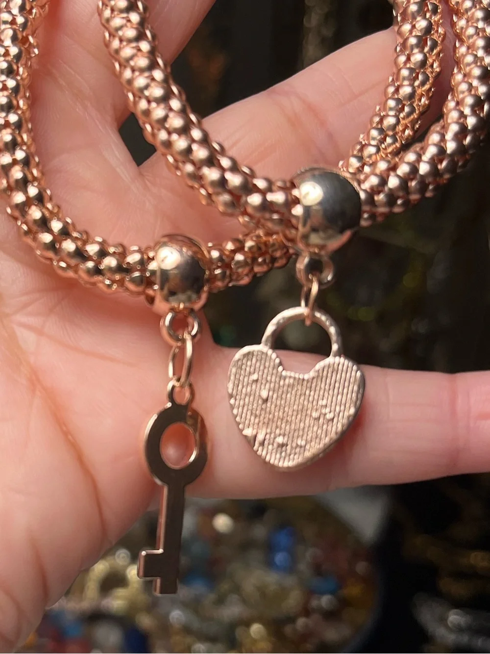 Set of 2 Rose Gold Woven Mesh Heart & Key Charm Bracelets